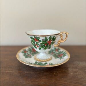 1940s  Ucagco Lusterware December Holly footed teacup and saucer set